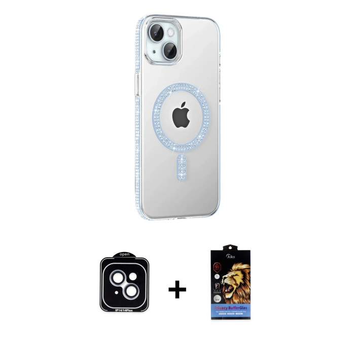 MARSİLYAN™- iPhone 14 Kılıf Yörünge Koleksiyonu - Siyah Buffer Hayalet Cam Ekran Koruyucu + PVD Metal Kamera Lens - MI