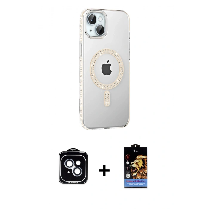 MARSİLYAN™- iPhone 14 Kılıf Yörünge Koleksiyonu - Siyah Buffer Hayalet Cam Ekran Koruyucu + PVD Metal Kamera Lens - MI