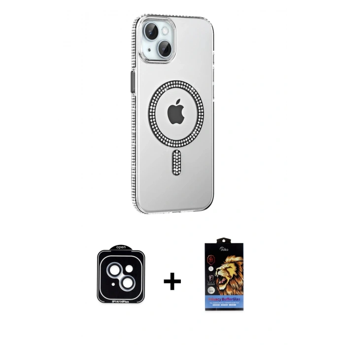 MARSİLYAN™- iPhone 14 Kılıf Yörünge Koleksiyonu - Siyah Buffer Hayalet Cam Ekran Koruyucu + PVD Metal Kamera Lens - MI