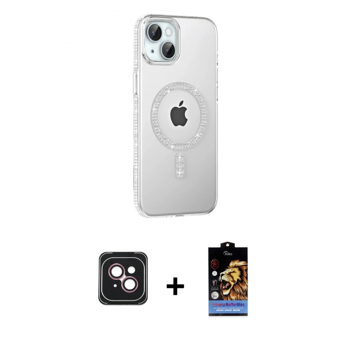 MARSİLYAN™- iPhone 14 Kılıf Yörünge Koleksiyonu - Siyah Buffer Hayalet Cam Ekran Koruyucu + PVD Metal Kamera Lens - PE