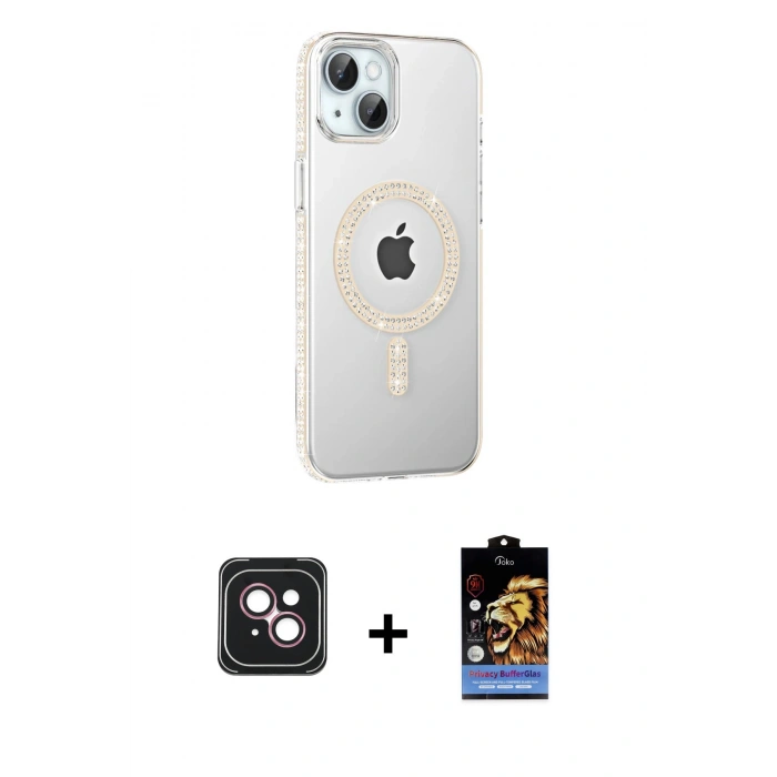 MARSİLYAN™- iPhone 14 Kılıf Yörünge Koleksiyonu - Siyah Buffer Hayalet Cam Ekran Koruyucu + PVD Metal Kamera Lens - PE