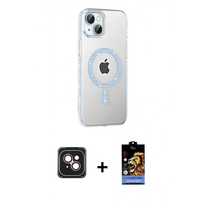 MARSİLYAN™- iPhone 14 Kılıf Yörünge Koleksiyonu - Siyah Buffer Hayalet Cam Ekran Koruyucu + PVD Metal Kamera Lens - PE