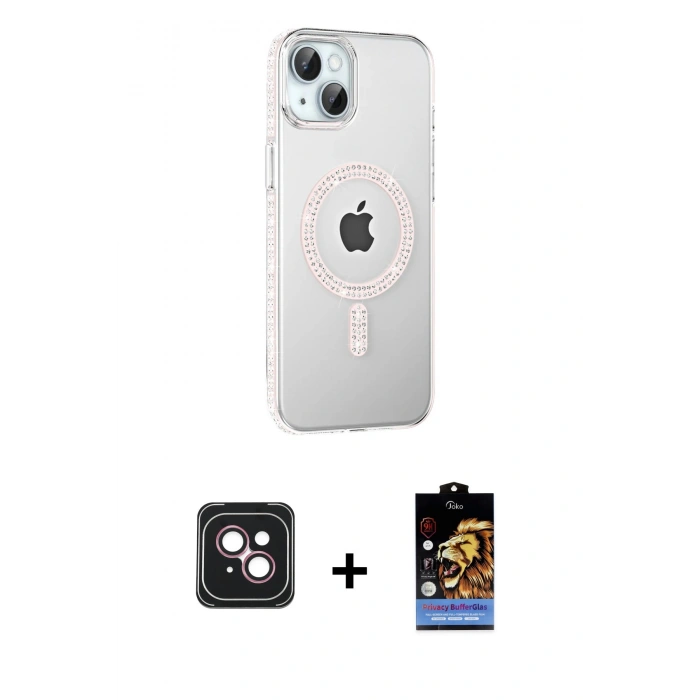 MARSİLYAN™- iPhone 14 Kılıf Yörünge Koleksiyonu - Siyah Buffer Hayalet Cam Ekran Koruyucu + PVD Metal Kamera Lens - PE