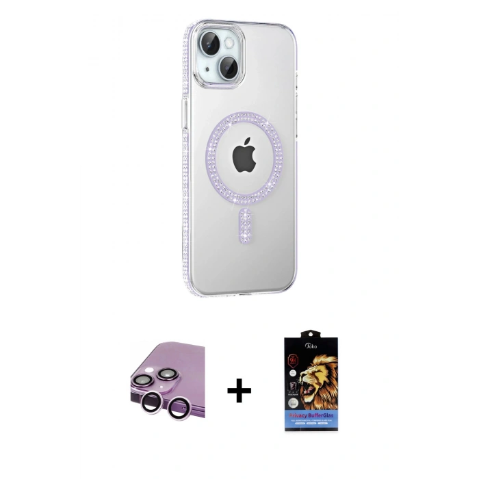 MARSİLYAN™- iPhone 14 Kılıf Yörünge Koleksiyonu - Siyah Buffer Hayalet Cam Ekran Koruyucu + Raze Metal Kamera Lens - MR