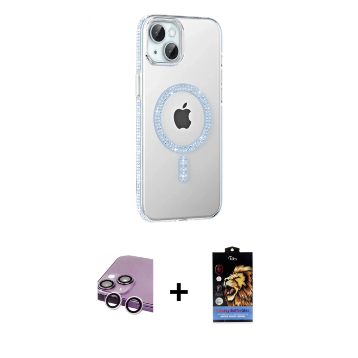 MARSİLYAN™- iPhone 14 Kılıf Yörünge Koleksiyonu - Siyah Buffer Hayalet Cam Ekran Koruyucu + Raze Metal Kamera Lens - MR