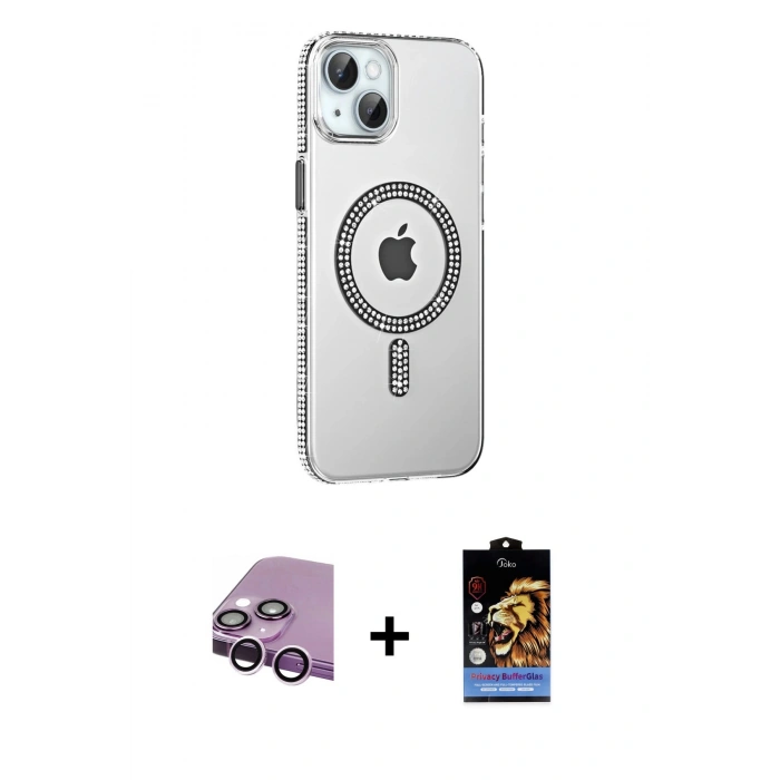 MARSİLYAN™- iPhone 14 Kılıf Yörünge Koleksiyonu - Siyah Buffer Hayalet Cam Ekran Koruyucu + Raze Metal Kamera Lens - MR