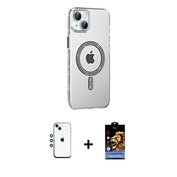 MARSİLYAN™- iPhone 14 Kılıf Yörünge Koleksiyonu - Siyah Buffer Hayalet Cam Ekran Koruyucu + Shine Kamera Lens - MI
