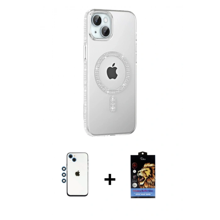 MARSİLYAN™- iPhone 14 Kılıf Yörünge Koleksiyonu - Siyah Buffer Hayalet Cam Ekran Koruyucu + Shine Kamera Lens - MI