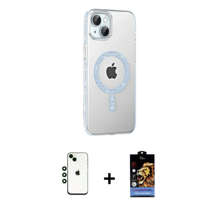 MARSİLYAN™- iPhone 14 Kılıf Yörünge Koleksiyonu - Siyah Buffer Hayalet Cam Ekran Koruyucu + Shine Kamera Lens - YL