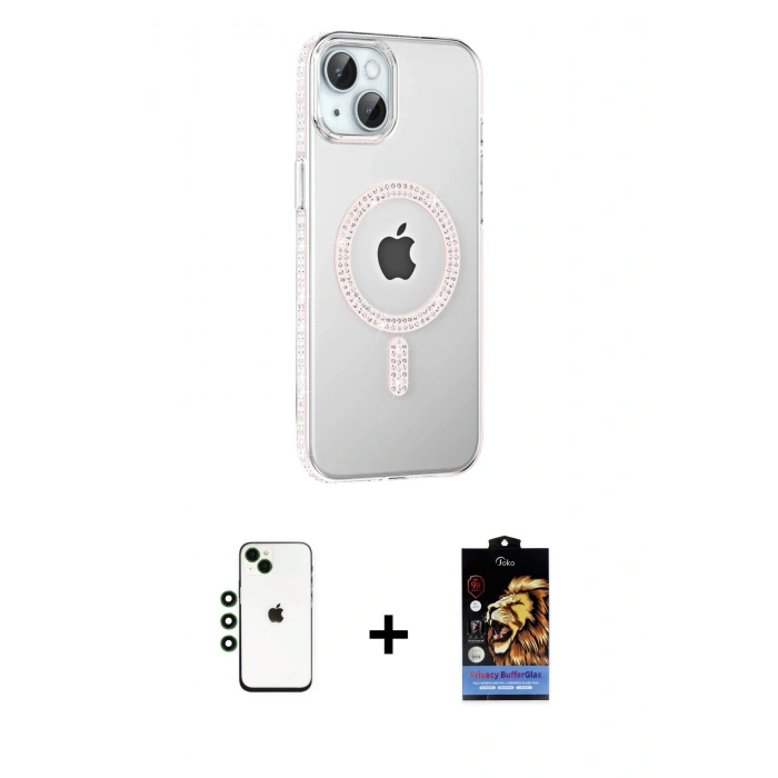 MARSİLYAN™- iPhone 14 Kılıf Yörünge Koleksiyonu - Siyah Buffer Hayalet Cam Ekran Koruyucu + Shine Kamera Lens - YL