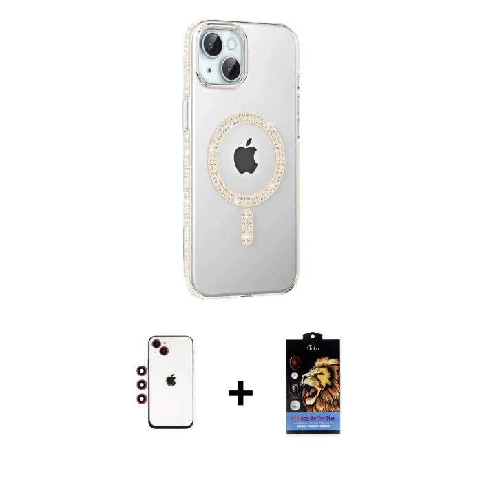 MARSİLYAN™- iPhone 14 Kılıf Yörünge Koleksiyonu - Siyah Buffer Hayalet Cam Ekran Koruyucu + Shine Kamera Lens - KI