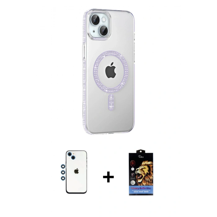 MARSİLYAN™- iPhone 14 Kılıf Yörünge Koleksiyonu - Siyah Buffer Hayalet Cam Ekran Koruyucu + Shine Kamera Lens - MI