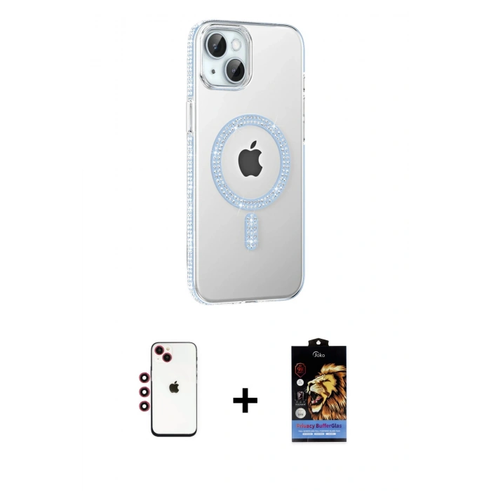 MARSİLYAN™- iPhone 14 Kılıf Yörünge Koleksiyonu - Siyah Buffer Hayalet Cam Ekran Koruyucu + Shine Kamera Lens - KI