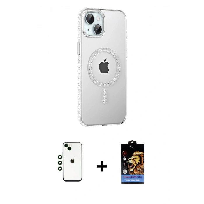 MARSİLYAN™- iPhone 14 Kılıf Yörünge Koleksiyonu - Siyah Buffer Hayalet Cam Ekran Koruyucu + Shine Kamera Lens - YL