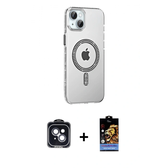 MARSİLYAN™- iPhone 14 Kılıf Yörünge Koleksiyonu - Siyah Buffer Hayalet Cam Ekran Koruyucu + Siyah PVD Metal Kamera Lens