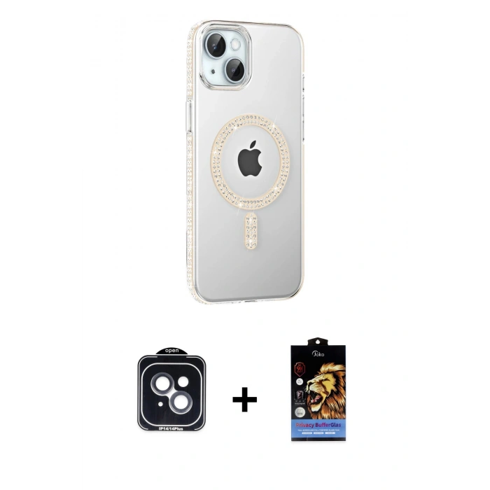 MARSİLYAN™- iPhone 14 Kılıf Yörünge Koleksiyonu - Siyah Buffer Hayalet Cam Ekran Koruyucu + Siyah PVD Metal Kamera Lens