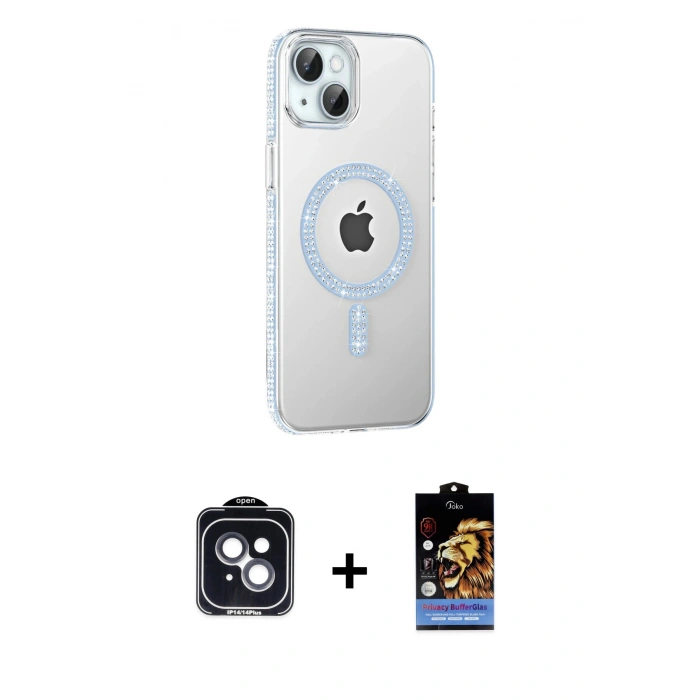 MARSİLYAN™- iPhone 14 Kılıf Yörünge Koleksiyonu - Siyah Buffer Hayalet Cam Ekran Koruyucu + Siyah PVD Metal Kamera Lens