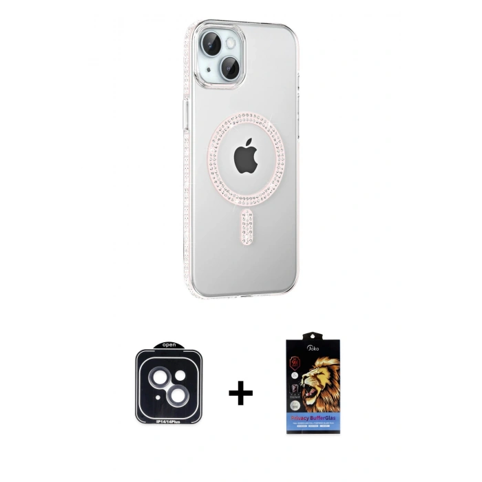 MARSİLYAN™- iPhone 14 Kılıf Yörünge Koleksiyonu - Siyah Buffer Hayalet Cam Ekran Koruyucu + Siyah PVD Metal Kamera Lens
