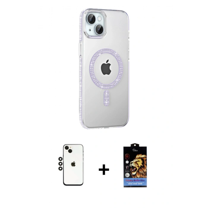 MARSİLYAN™- iPhone 14 Kılıf Yörünge Koleksiyonu - Siyah Buffer Hayalet Cam Ekran Koruyucu + Shine Kamera Lens - SH