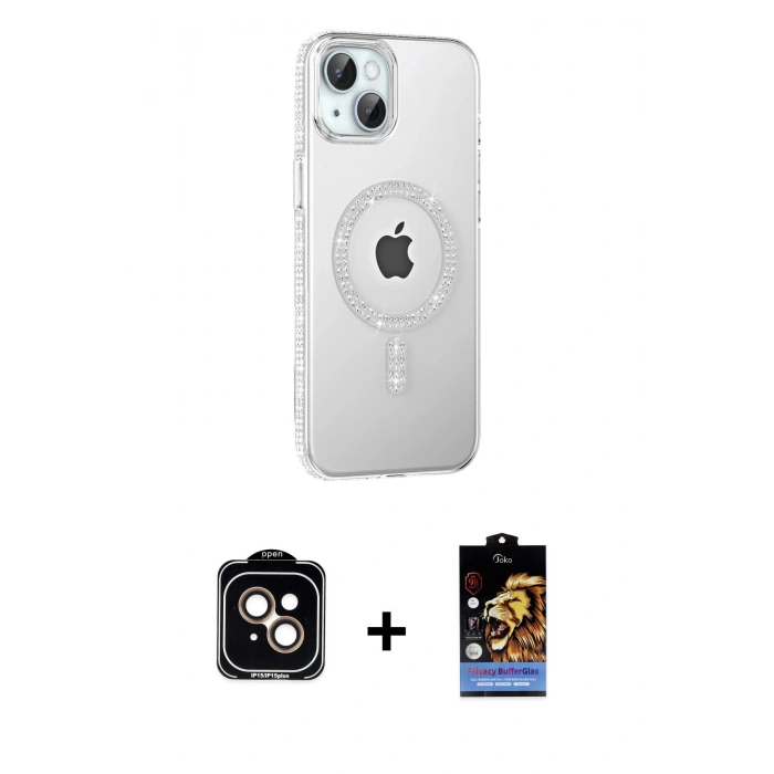 MARSİLYAN™- iPhone 14 Kılıf Yörünge Koleksiyonu - Siyah Buffer Hayalet Cam Ekran Koruyucu + PVD Metal Kamera Lens - TU