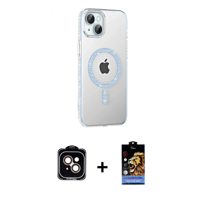 MARSİLYAN™- iPhone 14 Kılıf Yörünge Koleksiyonu - Siyah Buffer Hayalet Cam Ekran Koruyucu + PVD Metal Kamera Lens - TU