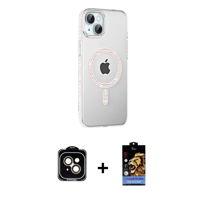 MARSİLYAN™- iPhone 14 Kılıf Yörünge Koleksiyonu - Siyah Buffer Hayalet Cam Ekran Koruyucu + PVD Metal Kamera Lens - TU