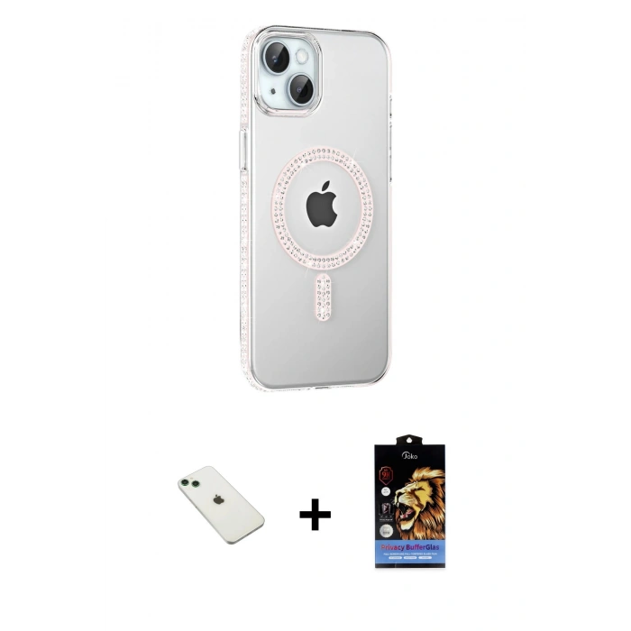 MARSİLYAN™- iPhone 14 Kılıf Yörünge Koleksiyonu - Siyah Buffer Hayalet Cam Ekran Koruyucu + Diamond Kamera Lens - YL