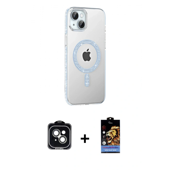 MARSİLYAN™- iPhone 14 Kılıf Yörünge Koleksiyonu - Siyah Buffer Hayalet Cam Ekran Koruyucu + PVD Metal Kamera Lens - YL