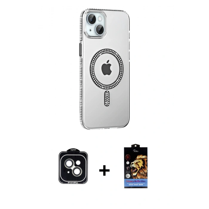 MARSİLYAN™- iPhone 14 Kılıf Yörünge Koleksiyonu - Siyah Buffer Hayalet Cam Ekran Koruyucu + PVD Metal Kamera Lens - YL