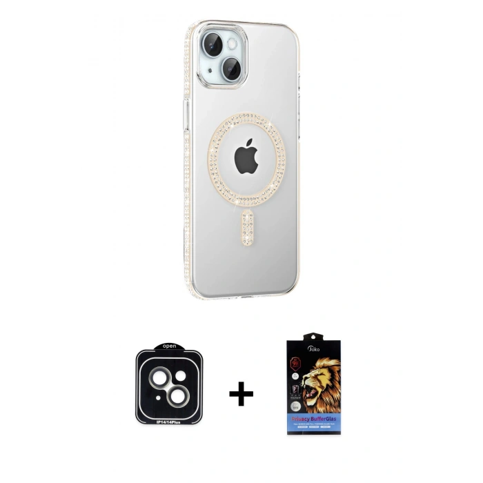 MARSİLYAN™- iPhone 14 Kılıf Yörünge Koleksiyonu - Siyah Buffer Hayalet Cam Ekran Koruyucu + PVD Metal Kamera Lens - YL