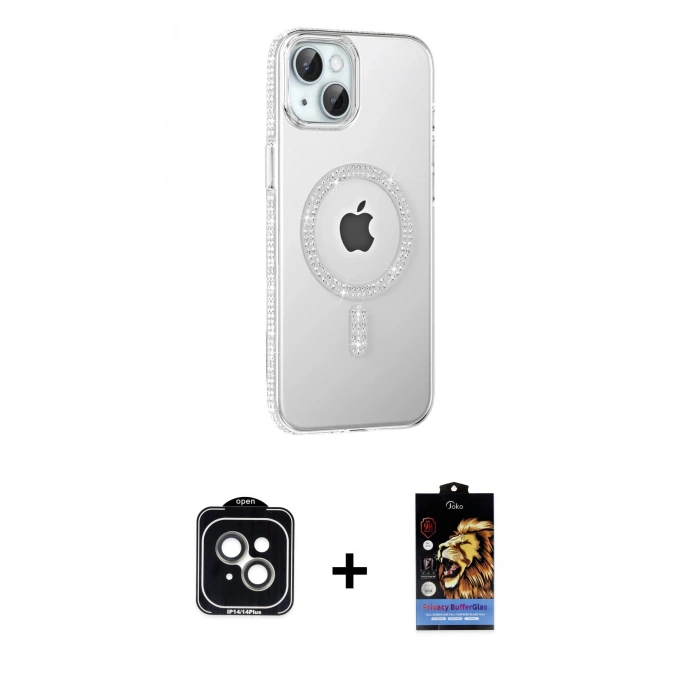 MARSİLYAN™- iPhone 14 Kılıf Yörünge Koleksiyonu - Siyah Buffer Hayalet Cam Ekran Koruyucu + PVD Metal Kamera Lens - YL