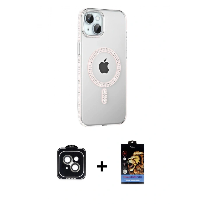 MARSİLYAN™- iPhone 14 Kılıf Yörünge Koleksiyonu - Siyah Buffer Hayalet Cam Ekran Koruyucu + PVD Metal Kamera Lens - YL