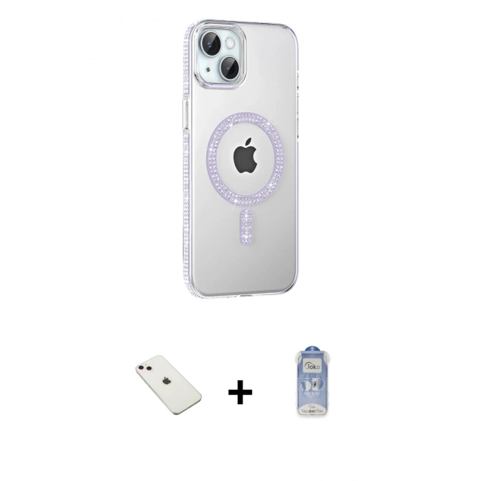 MARSİLYAN™- iPhone 14 Kılıf Yörünge Koleksiyonu - Siyah Joko Magic 5D Cam + Pembe Diamond Kamera Lens