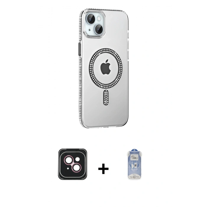 MARSİLYAN™- iPhone 14 Kılıf Yörünge Koleksiyonu - Siyah Joko Magic 5D Cam + PVD Metal Kamera Lens - PE