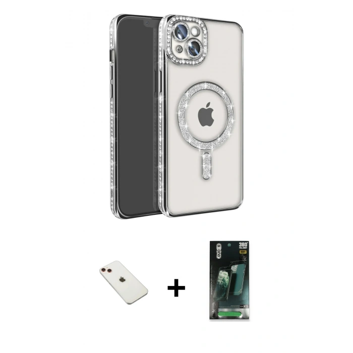MARSİLYAN™- iPhone 14 Kılıf Zirve Doku Prime - Şeffaf 360 Full Body Arka Koruyucu + Diamond Kamera Lens - KI
