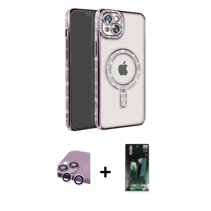 MARSİLYAN™- iPhone 14 Kılıf Zirve Doku Prime - Şeffaf 360 Full Body Arka Koruyucu + Raze Metal Kamera Lens - MR