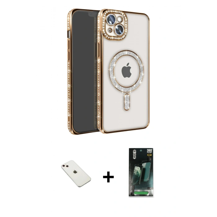 MARSİLYAN™- iPhone 14 Kılıf Zirve Doku Prime - Şeffaf 360 Full Body Arka Koruyucu + Diamond Kamera Lens - PE