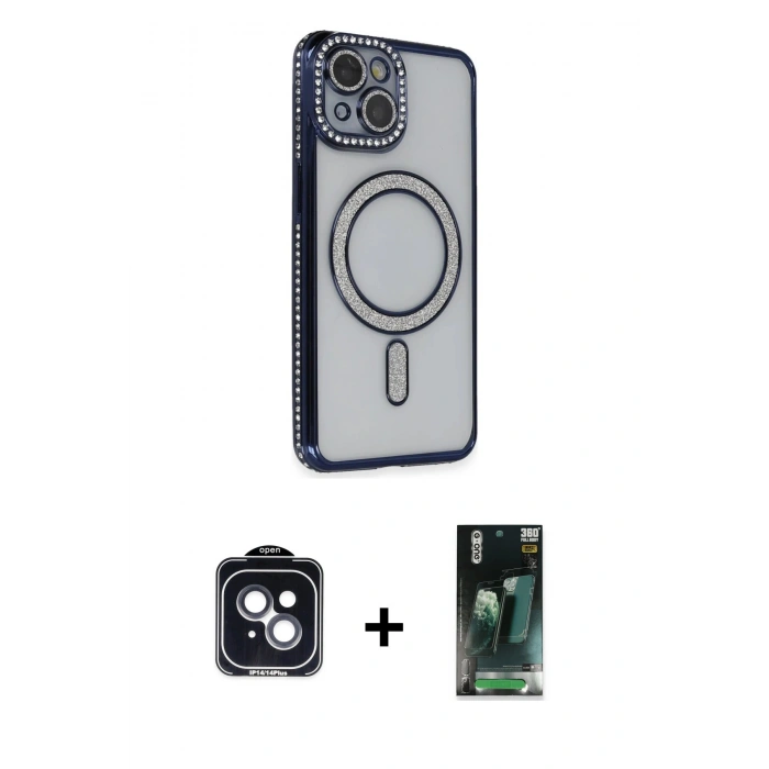 MARSİLYAN™- iPhone 14 Kılıf Zirve Doku Prime - Şeffaf 360 Full Body Arka Koruyucu + PVD Metal Kamera Lens - SH