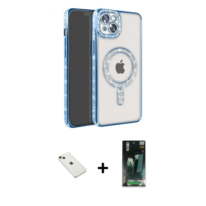 MARSİLYAN™- iPhone 14 Kılıf Zirve Doku Prime - Şeffaf 360 Full Body Arka Koruyucu + Diamond Kamera Lens - YL