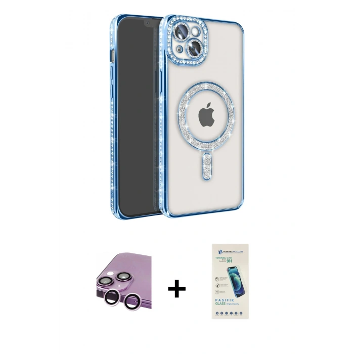 MARSİLYAN™- iPhone 14 Kılıf Zirve Doku Prime - Şeffaf Pasifik Cam Ekran Koruyucu + Raze Metal Kamera Lens - MR