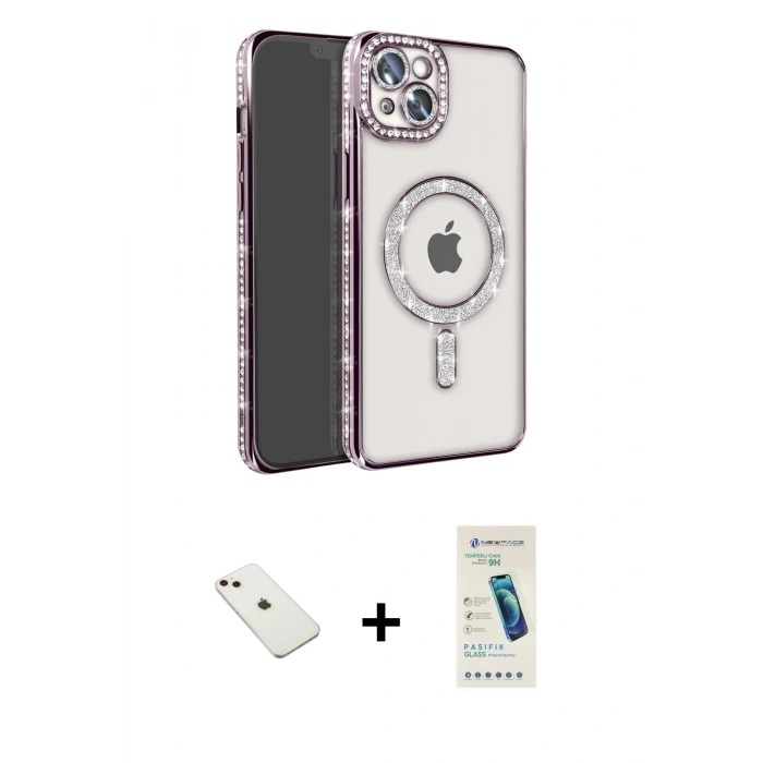 MARSİLYAN™- iPhone 14 Kılıf Zirve Doku Prime - Şeffaf Pasifik Cam Ekran Koruyucu + Diamond Kamera Lens - PE