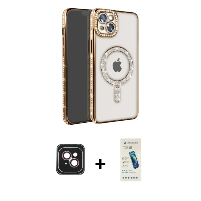 MARSİLYAN™- iPhone 14 Kılıf Zirve Doku Prime - Şeffaf Pasifik Cam Ekran Koruyucu + PVD Metal Kamera Lens - PE