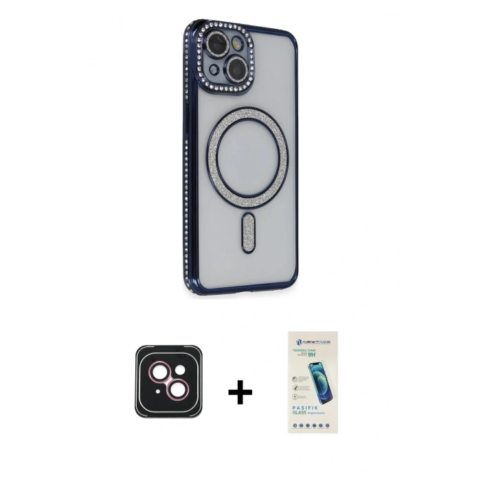 MARSİLYAN™- iPhone 14 Kılıf Zirve Doku Prime - Şeffaf Pasifik Cam Ekran Koruyucu + PVD Metal Kamera Lens - PE