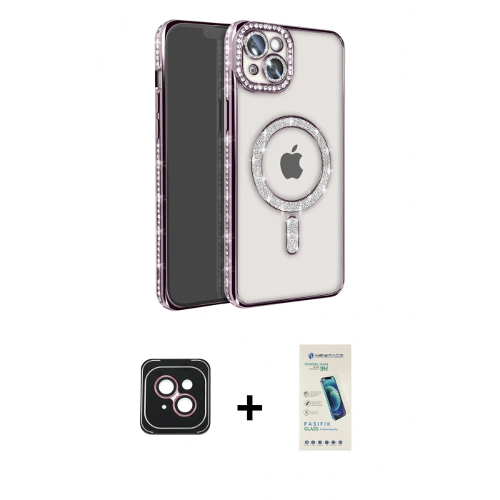 MARSİLYAN™- iPhone 14 Kılıf Zirve Doku Prime - Şeffaf Pasifik Cam Ekran Koruyucu + PVD Metal Kamera Lens - PE