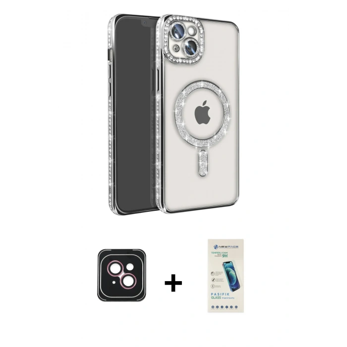 MARSİLYAN™- iPhone 14 Kılıf Zirve Doku Prime - Şeffaf Pasifik Cam Ekran Koruyucu + PVD Metal Kamera Lens - PE