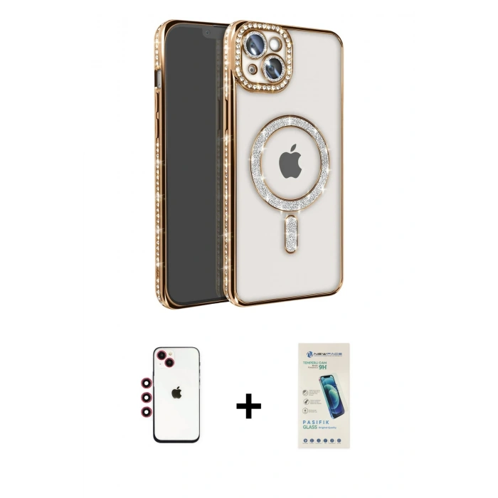 MARSİLYAN™- iPhone 14 Kılıf Zirve Doku Prime - Şeffaf Pasifik Cam Ekran Koruyucu + Shine Kamera Lens - KI