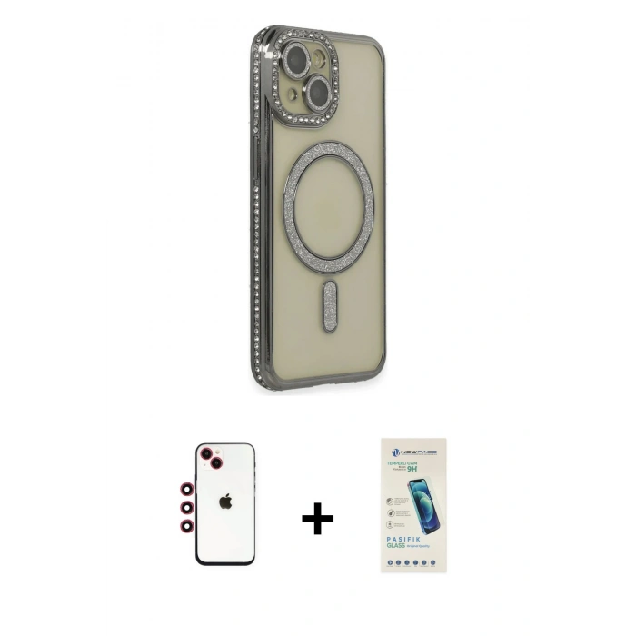MARSİLYAN™- iPhone 14 Kılıf Zirve Doku Prime - Şeffaf Pasifik Cam Ekran Koruyucu + Shine Kamera Lens - KI