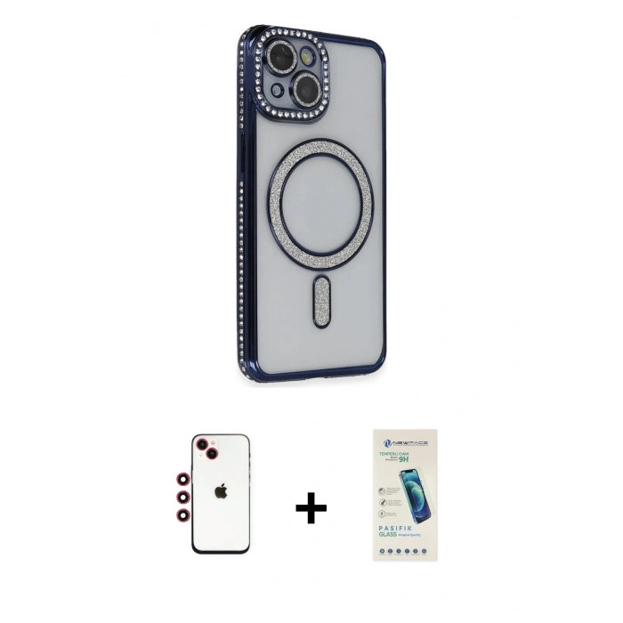 MARSİLYAN™- iPhone 14 Kılıf Zirve Doku Prime - Şeffaf Pasifik Cam Ekran Koruyucu + Shine Kamera Lens - KI