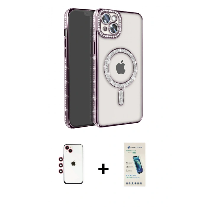MARSİLYAN™- iPhone 14 Kılıf Zirve Doku Prime - Şeffaf Pasifik Cam Ekran Koruyucu + Shine Kamera Lens - KI