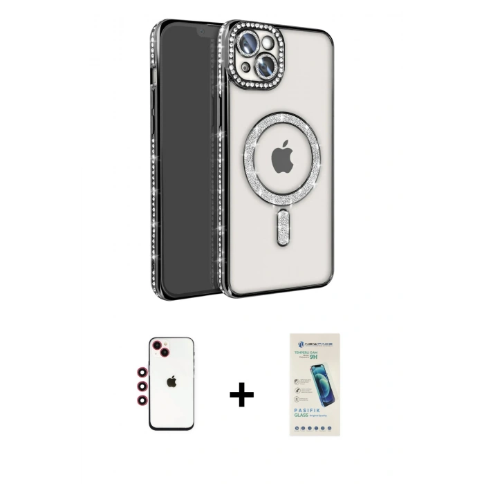 MARSİLYAN™- iPhone 14 Kılıf Zirve Doku Prime - Şeffaf Pasifik Cam Ekran Koruyucu + Shine Kamera Lens - KI